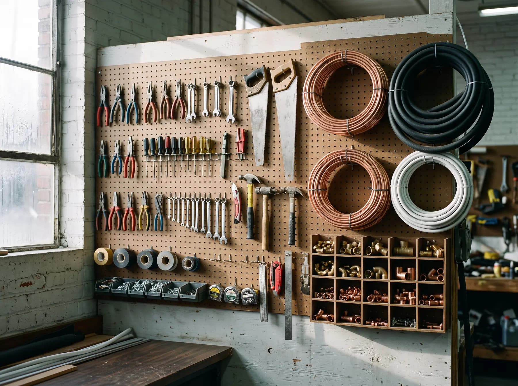 A pegboard wall of organised hand tools, copper fittings and coils of line set.
