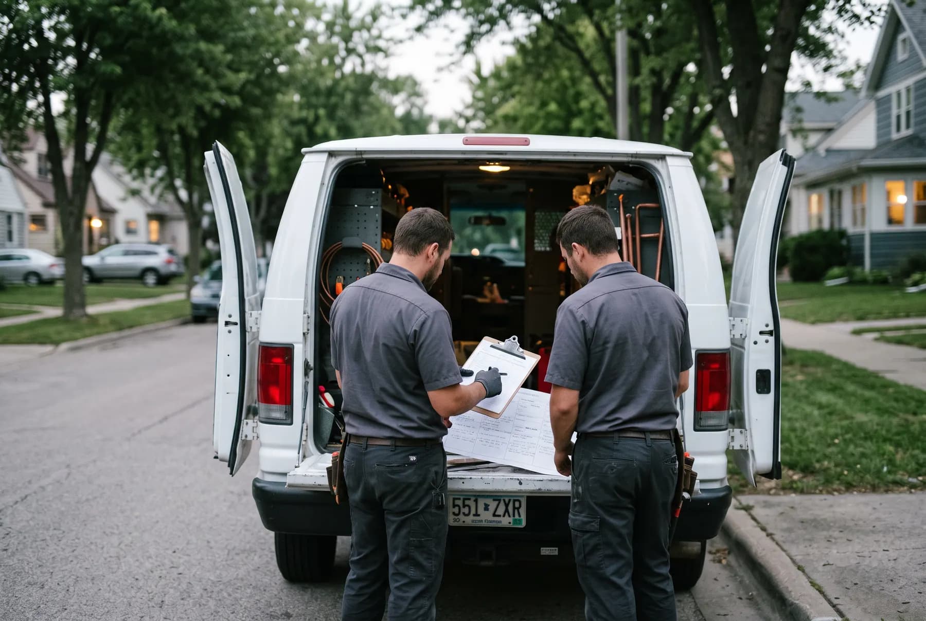 Two technicians reviewing a job sheet at the tailgate of a work van on a residential street.