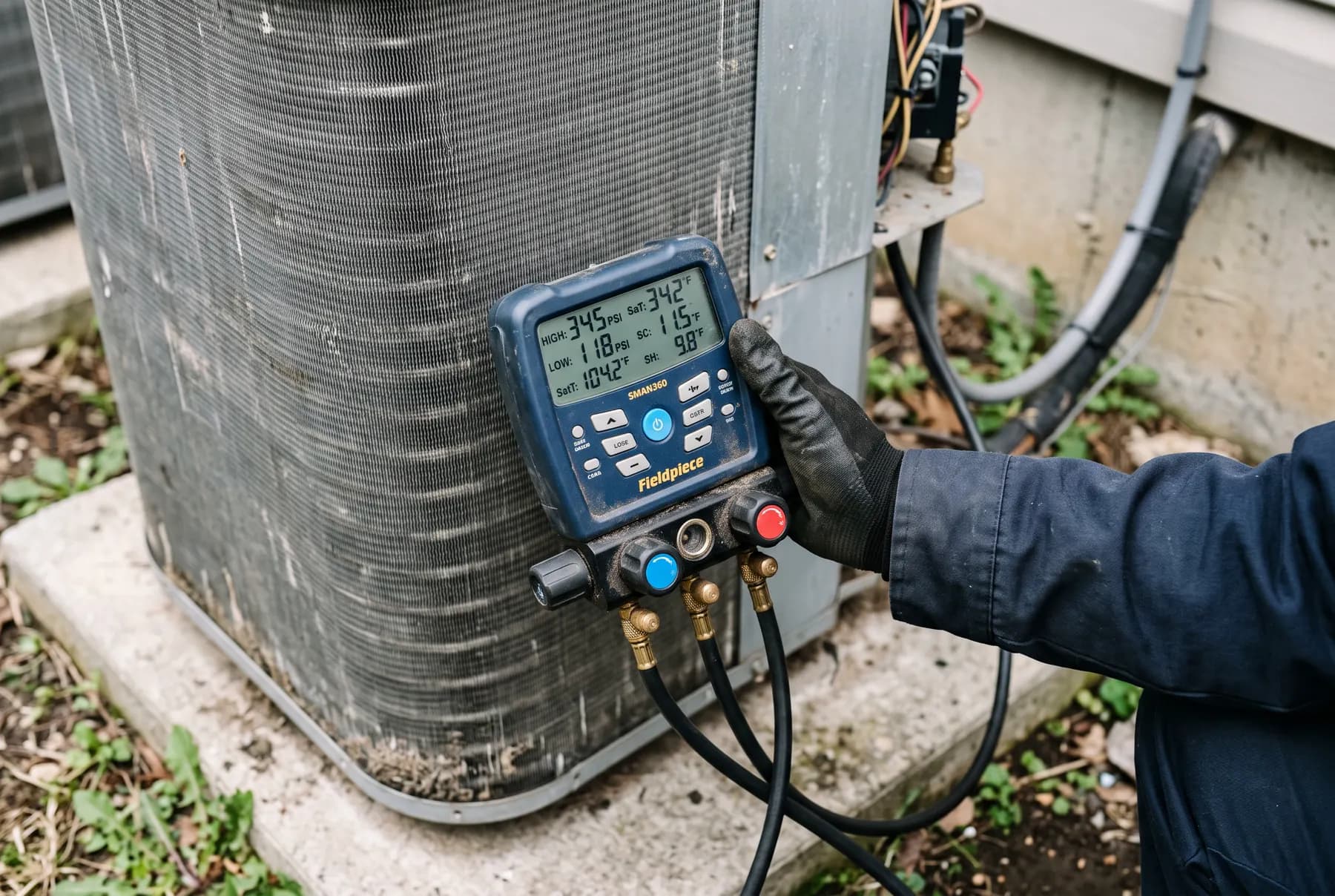 A gloved hand holding a digital manifold gauge against an outdoor condenser unit.