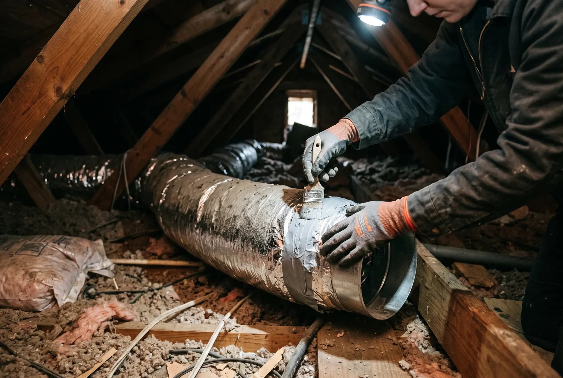 Gloved hands sealing a duct joint with mastic in an attic, lit by a headlamp.