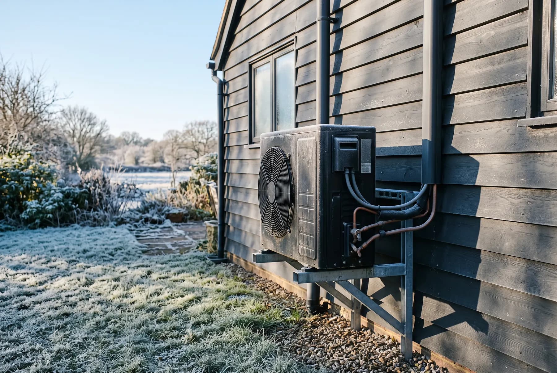 A heat pump outdoor unit mounted on a bracket beside a house on a frosty winter morning.