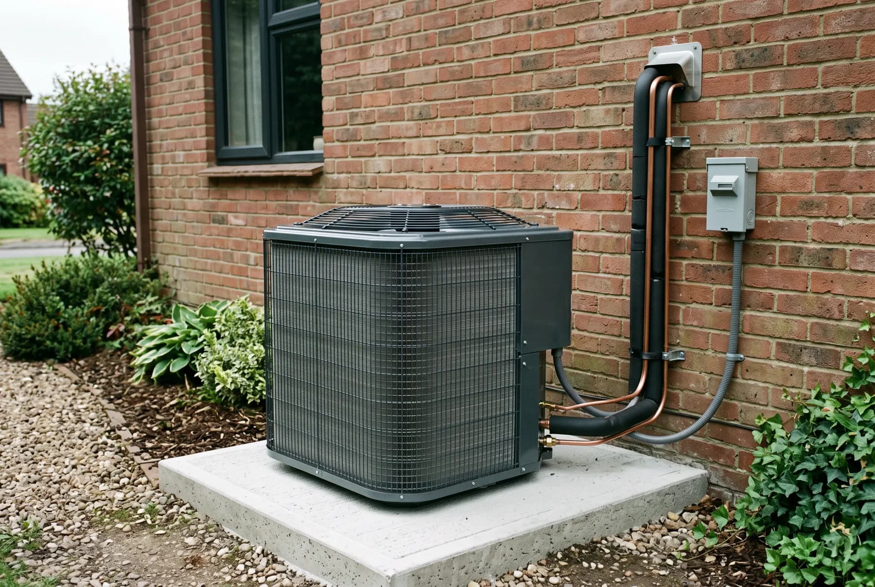 A newly installed outdoor condenser unit on a level concrete pad with a neatly routed line set.