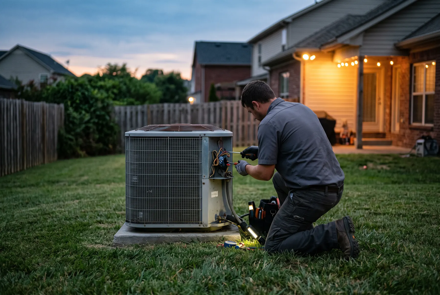 An HVAC technician working at an outdoor condenser unit in a Nashville backyard at dusk.