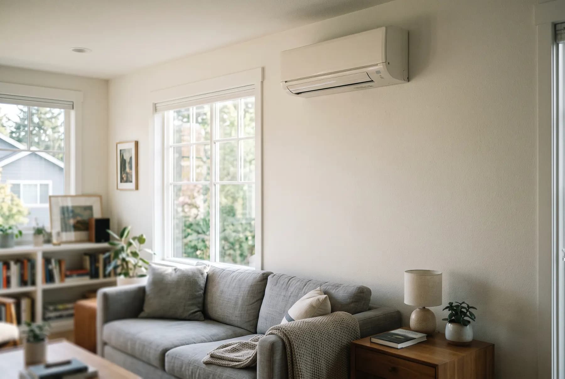 A wall-mounted ductless mini-split indoor unit high on a wall in a bright living room.