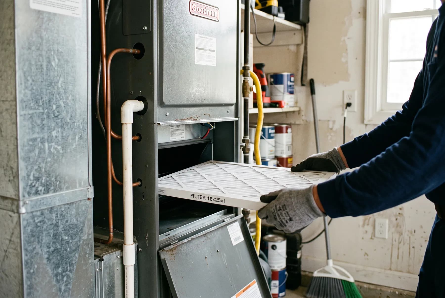 An open furnace access panel with a clean pleated filter being slid into place.