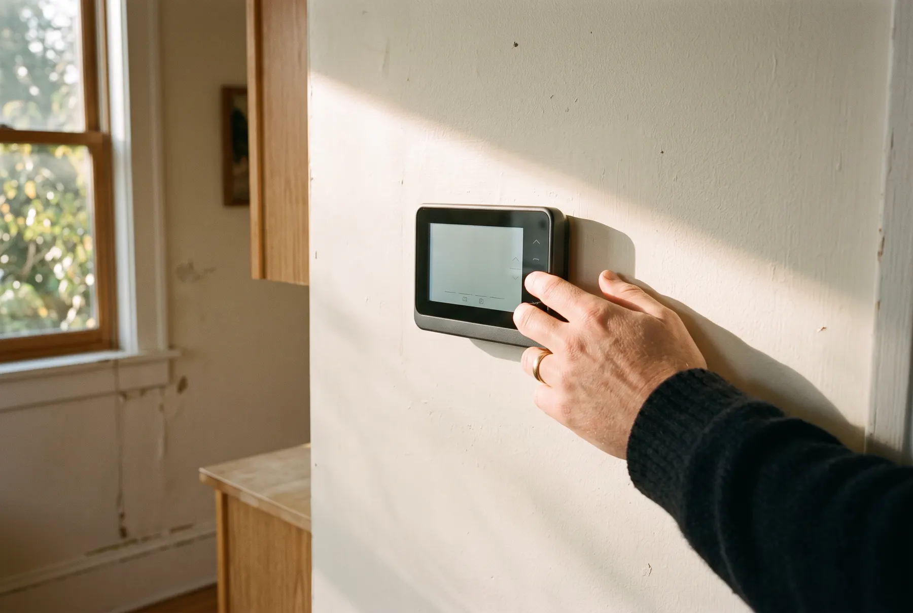 A hand adjusting a wall-mounted digital thermostat in afternoon light.
